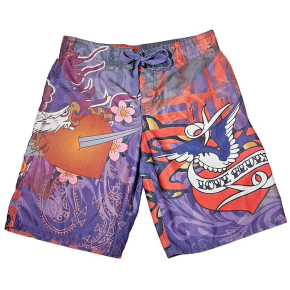 Tattoo Tattoo By Free Spirit Board Shorts Love Blues Purple Orange Mens Med - Picture 1 of 6